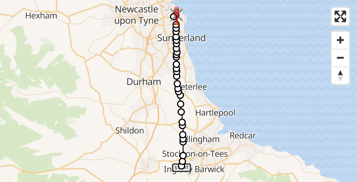 Flight route Air Ambulance Helicopter Egglescliffe - Cleadon, 08 July 2026, 13:39