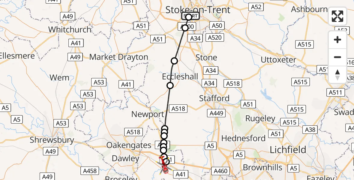 Flight route Air Ambulance Helicopter University Hospital North Staffs - Cosford, 08 July 2026, 13:45