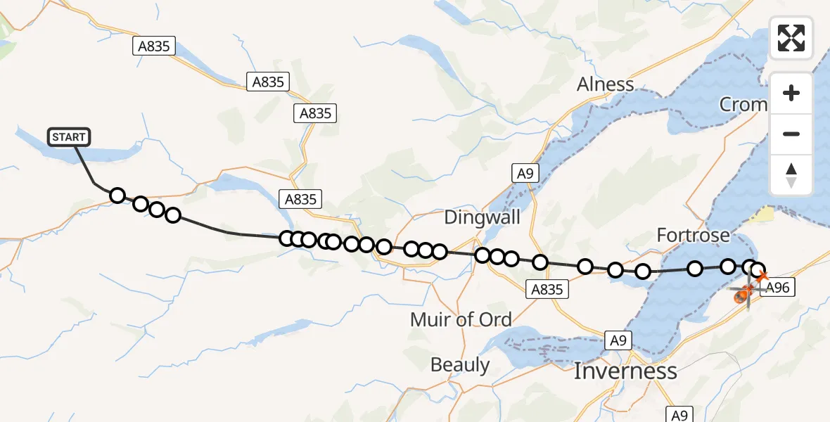 Flight route Coastguard Helicopter Highland - Inverness Airport, 08 July 2026, 13:51