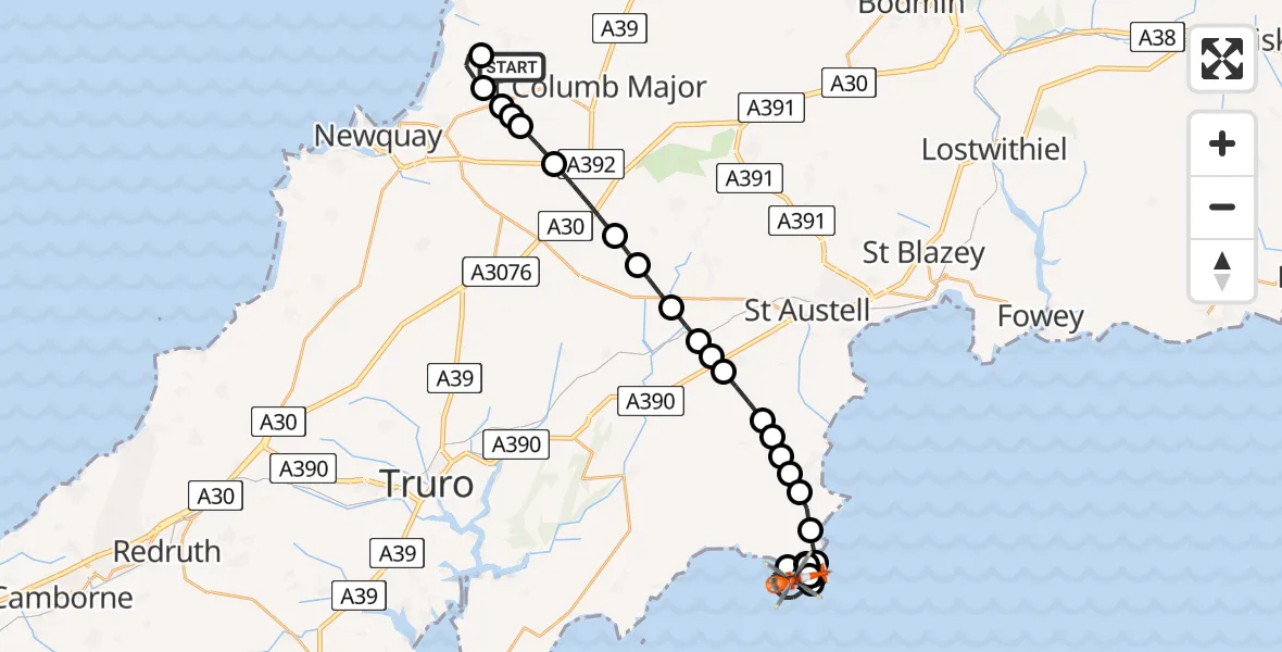 Flight route Coastguard Helicopter Cornwall Airport Newquay - Gorran Haven, 08 July 2026, 13:57