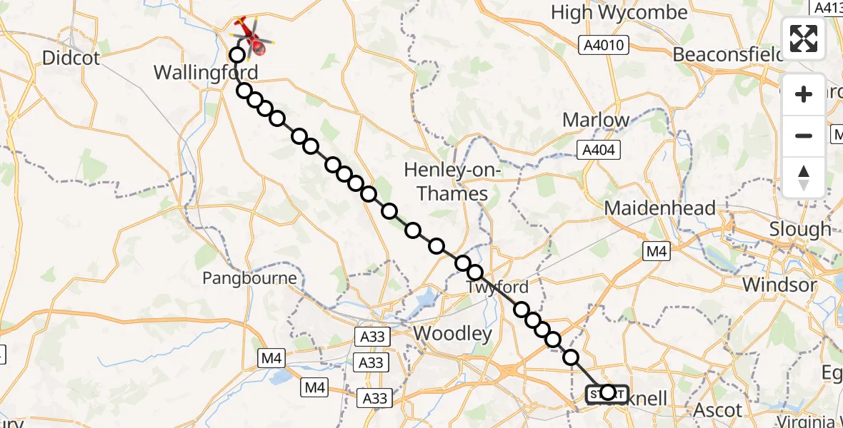 Flight route Air Ambulance Helicopter Bracknell - RAF Benson, 08 July 2026, 14:03