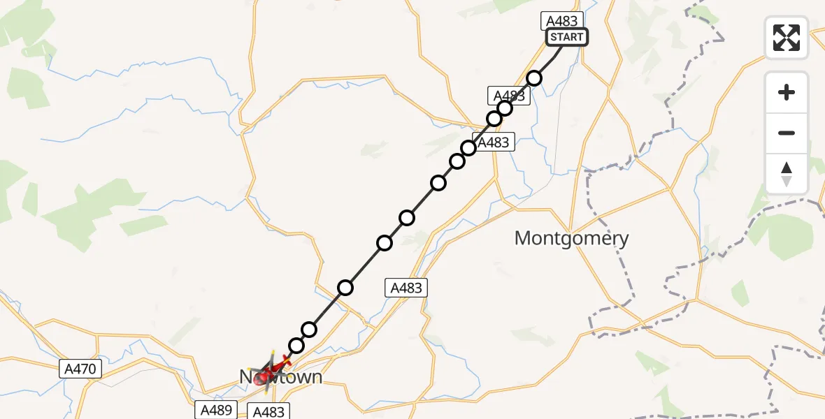 Flight route Air Ambulance Helicopter Welshpool Airport - Newtown, 08 July 2026, 14:03