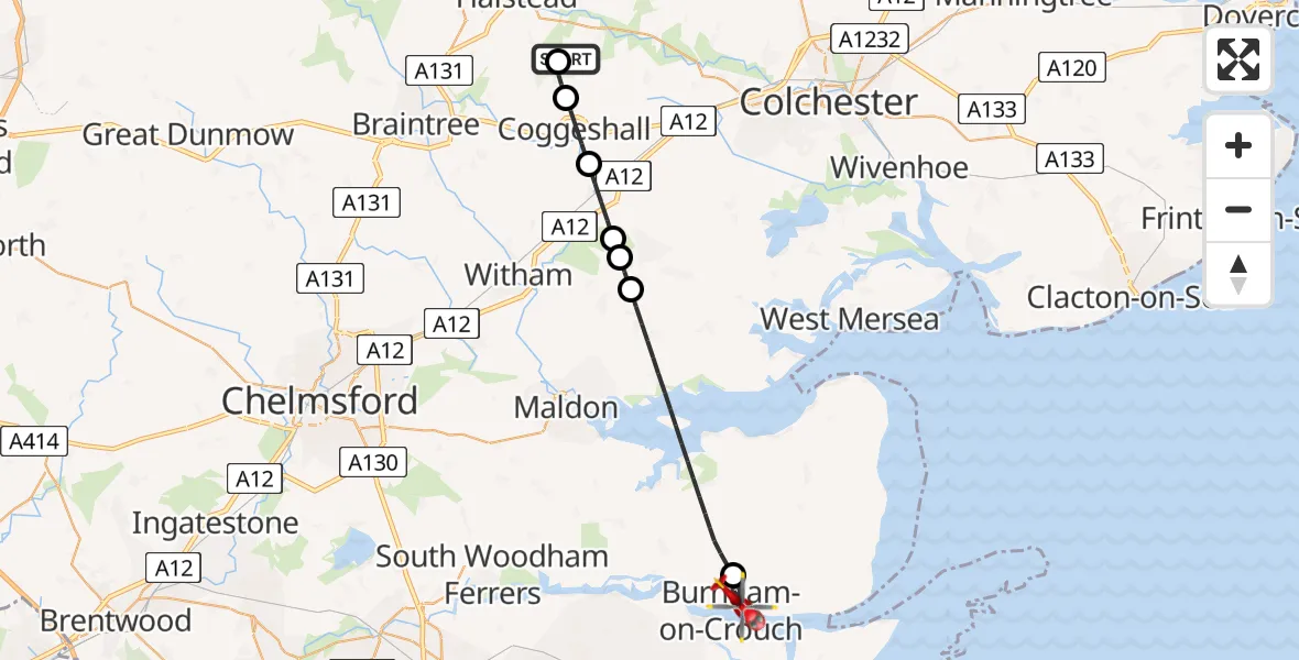 Flight route Air Ambulance Helicopter Earls Colne Airfield - Burnham-on-Crouch, 08 July 2026, 14:04