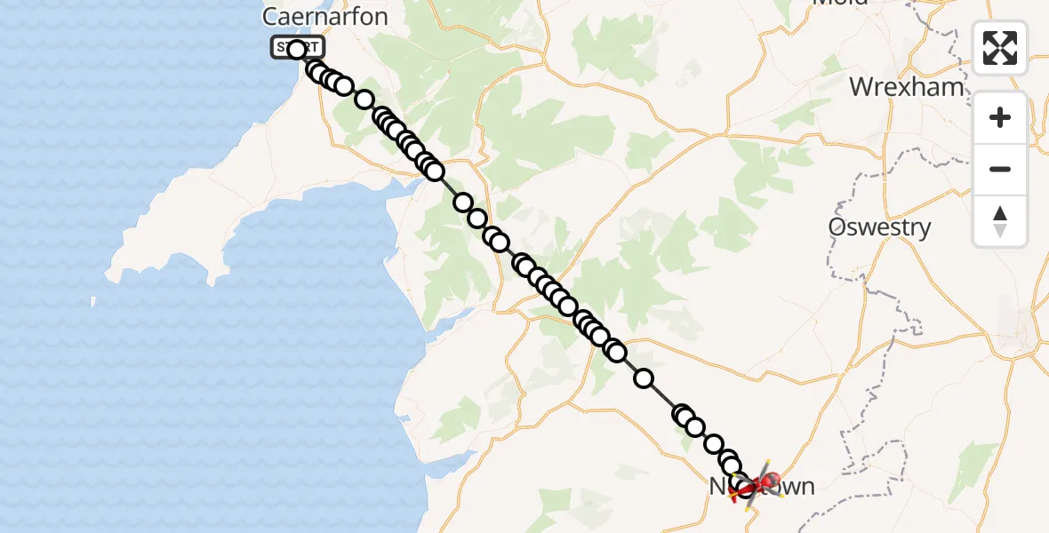 Flight route Air Ambulance Helicopter Caernarfon Airport - Newtown, 08 July 2026, 14:05