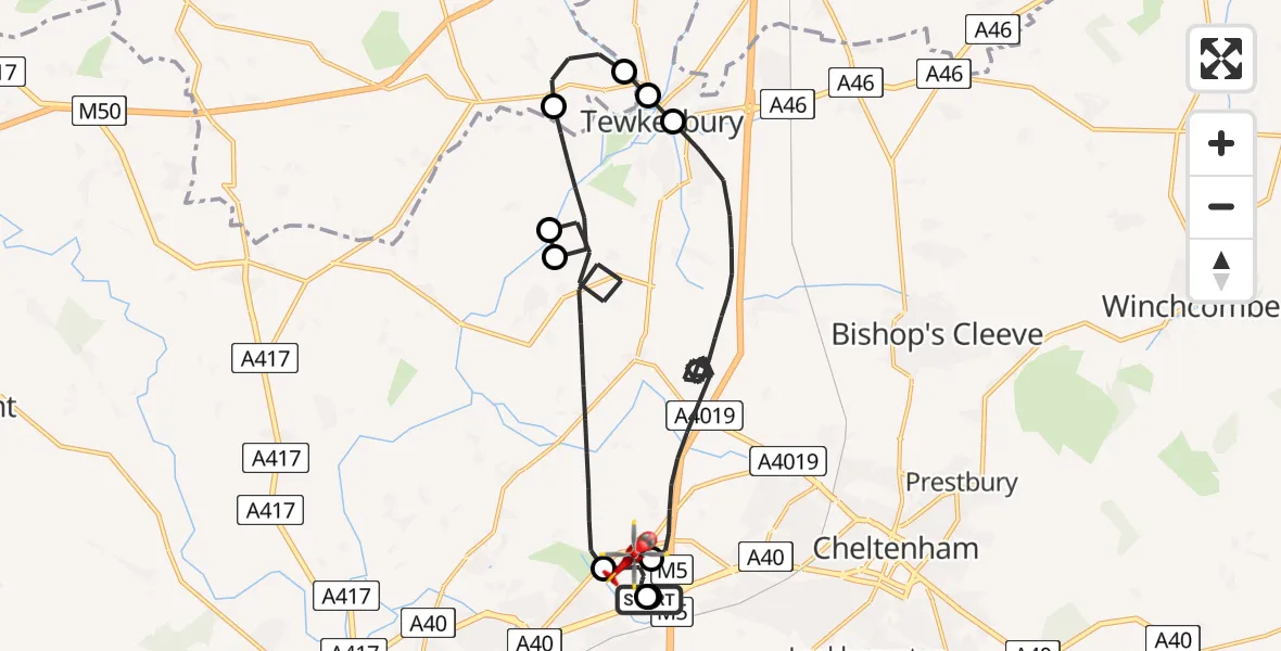 Flight route Air Ambulance Helicopter Gloucestershire Airport - Gloucestershire Airport, 08 July 2026, 14:07