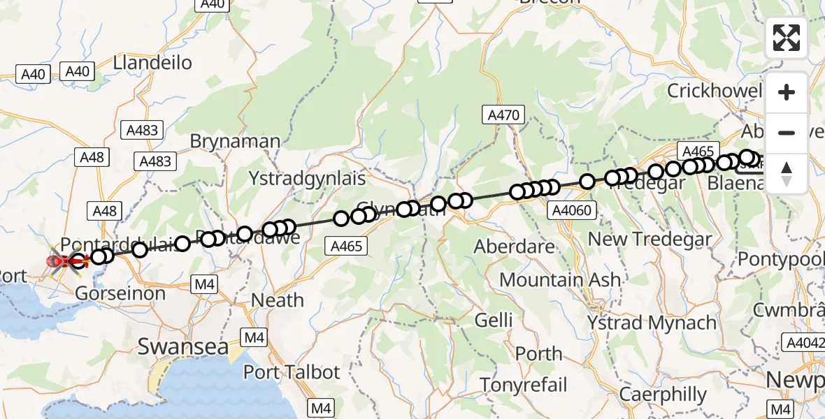 Flight route Air Ambulance Helicopter Govilon - Dafen, 08 July 2026, 14:10