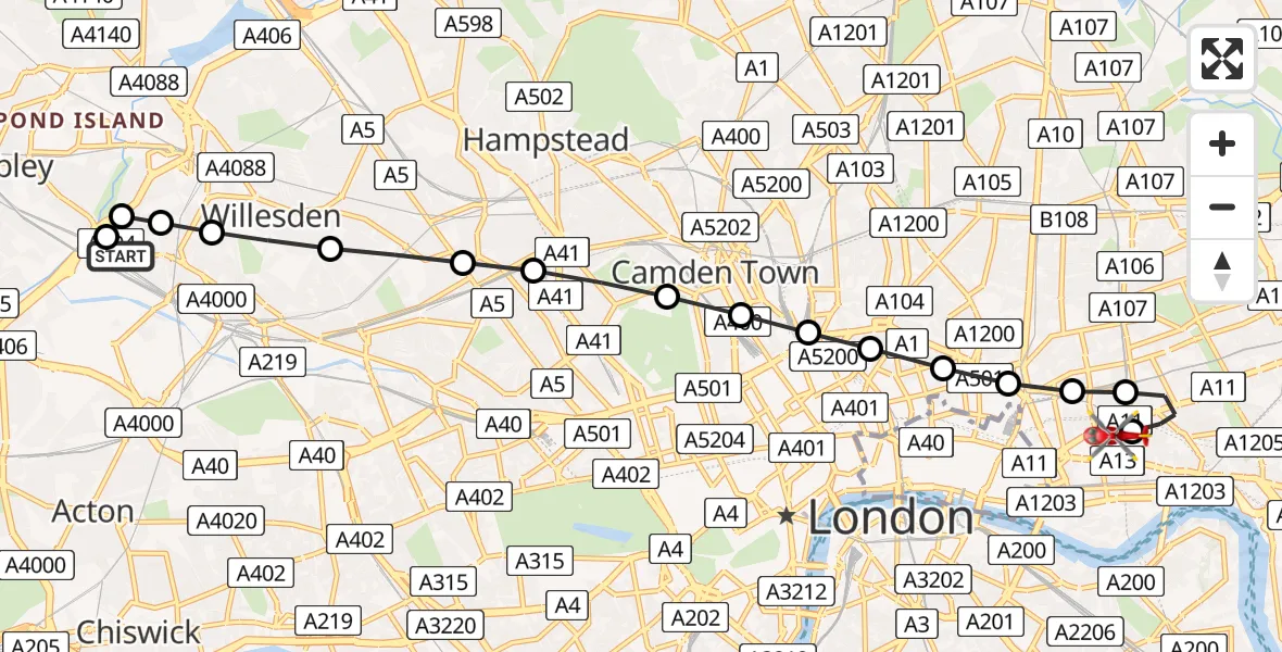 Flight route Air Ambulance Helicopter Twyford - Royal London Hospital, 08 July 2026, 14:12