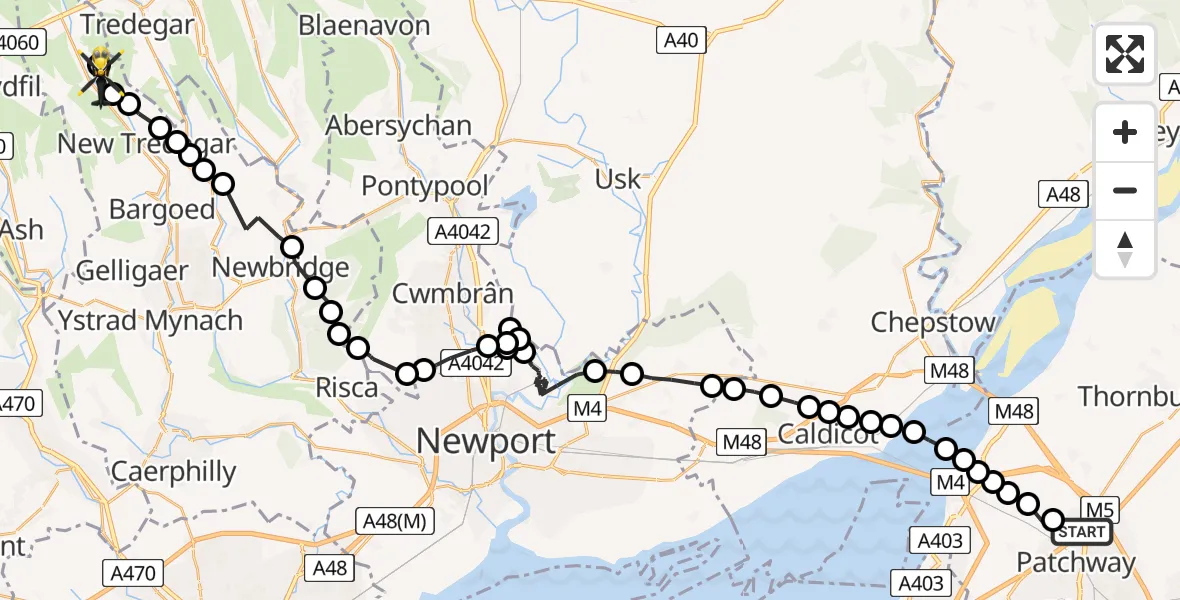 Flight route Police Helicopter Almondsbury - Tredegar, 08 July 2026, 14:21