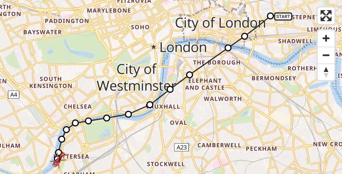 Flight route Air Ambulance Helicopter Royal London Hospital - London Heliport, 08 July 2026, 14:21