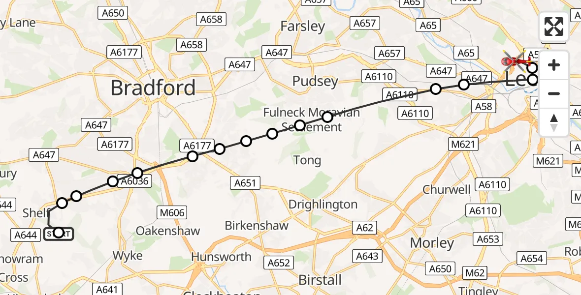 Flight route Air Ambulance Helicopter Shelf - Woodhouse, 08 July 2026, 14:22