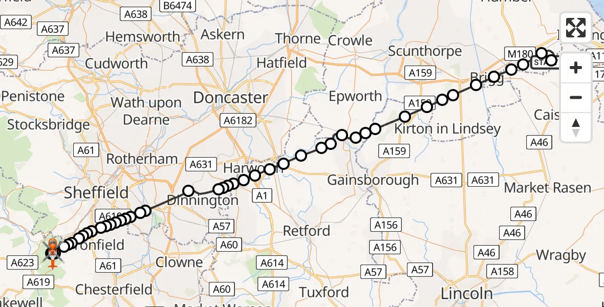 Flight route Coastguard Helicopter Humberside Airport - Derbyshire Dales, 08 July 2026, 14:27