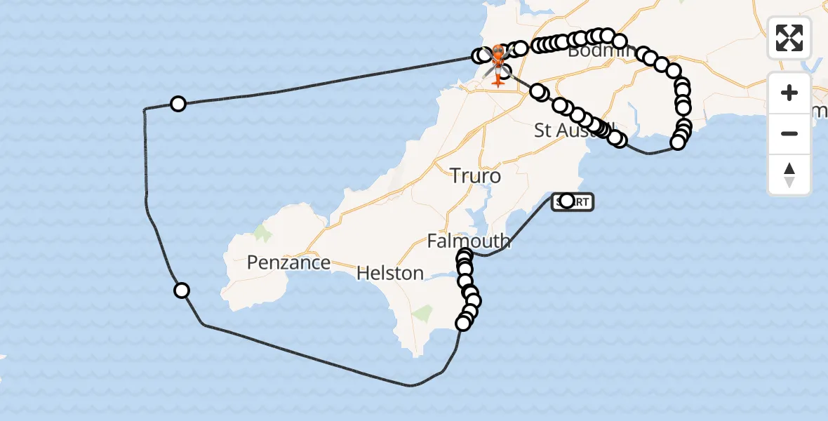 Flight route Coastguard Helicopter Gorran Haven - Cornwall Airport Newquay, 08 July 2026, 14:30