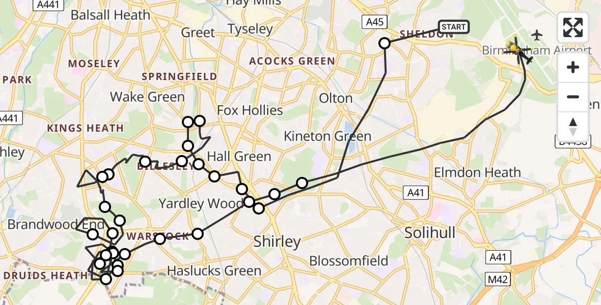 Flight route Police Helicopter Sheldon - Birmingham Airport, 08 July 2026, 14:34