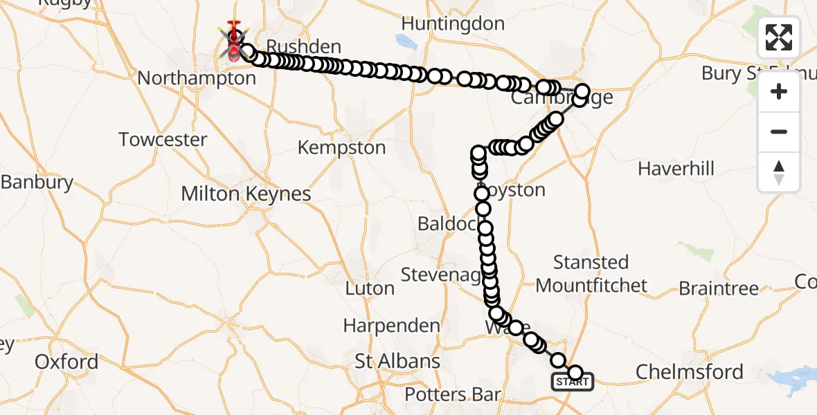 Flight route Air Ambulance Helicopter North Weald Airfield - Sywell Aerodrome, 08 July 2026, 14:38