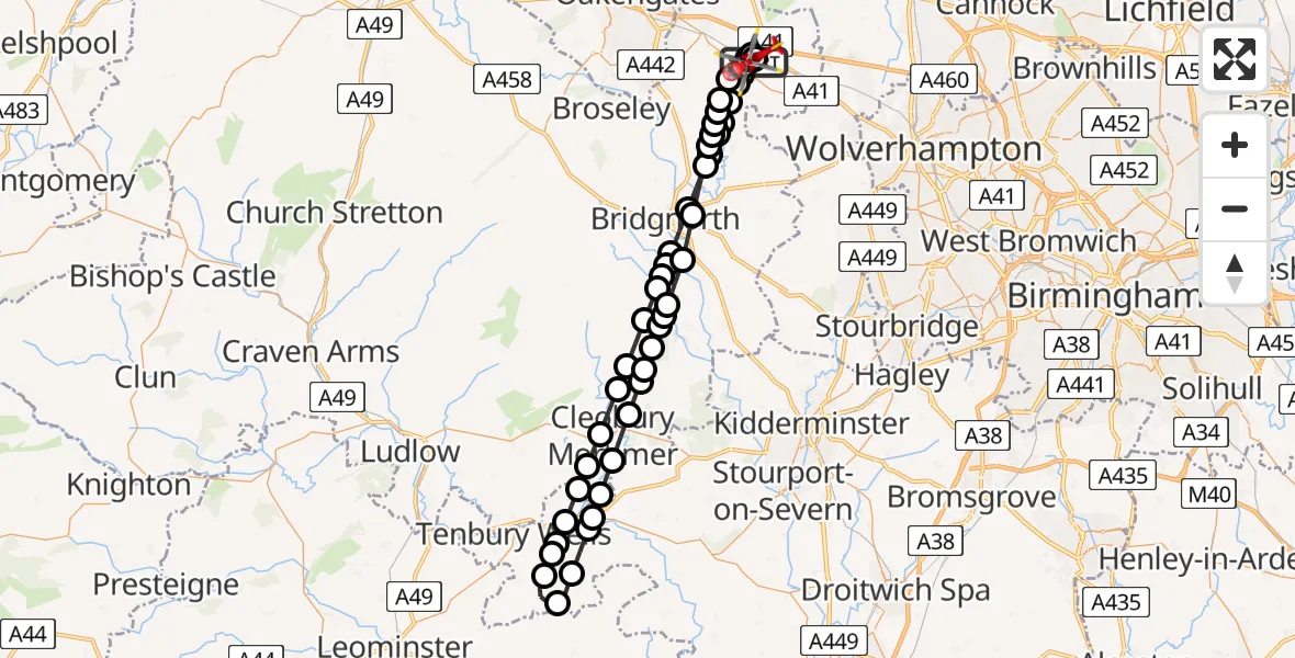 Flight route Air Ambulance Helicopter RAF Cosford - Cosford, 08 July 2026, 14:38