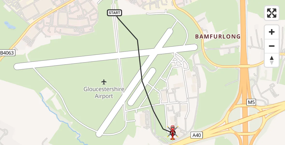 Flight route Air Ambulance Helicopter Gloucestershire Airport - Tewkesbury, 08 July 2026, 14:40