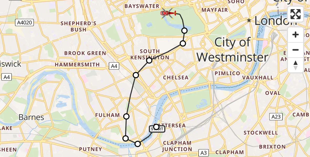 Flight route Air Ambulance Helicopter London Heliport - City of Westminster, 08 July 2026, 14:46