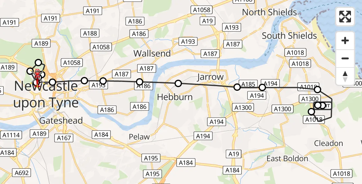 Flight route Air Ambulance Helicopter Cleadon Park - Newcastle Royal Victoria Infirmary, 08 July 2026, 14:46