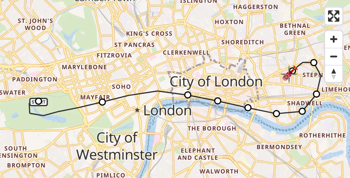 Flight route Air Ambulance Helicopter City of Westminster - Royal London Hospital, 08 July 2026, 14:54