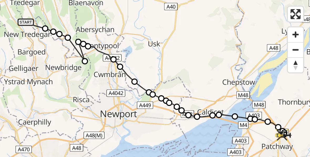 Flight route Police Helicopter Tredegar - Almondsbury Helicopter Base, 08 July 2026, 14:58