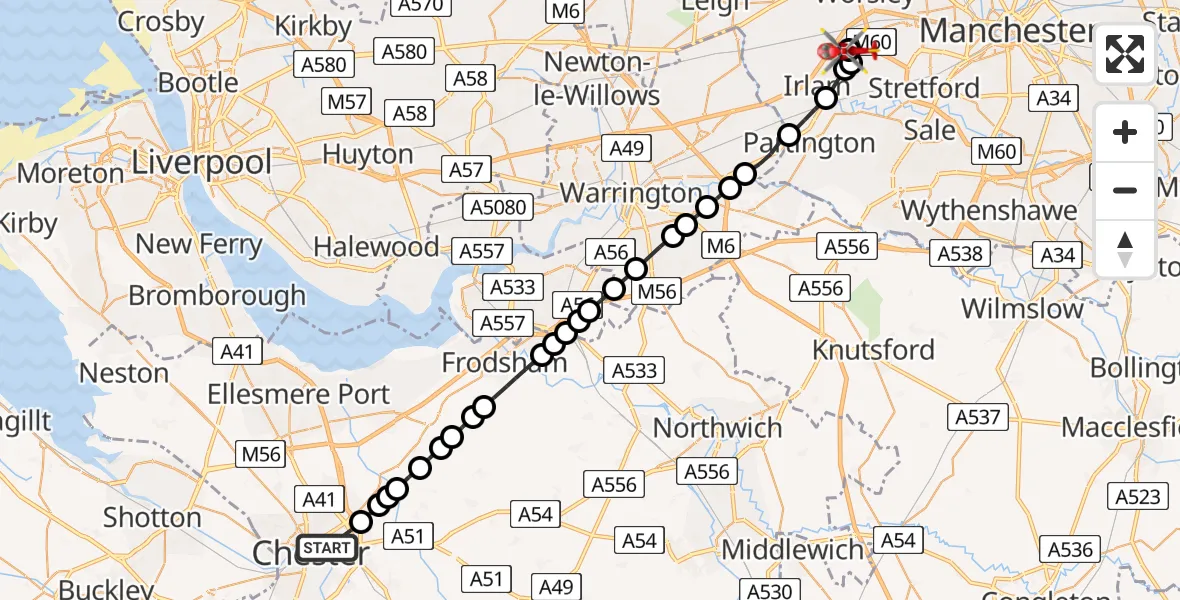 Flight route Air Ambulance Helicopter Chester - Manchester Barton Aerodrome, 08 July 2026, 14:59