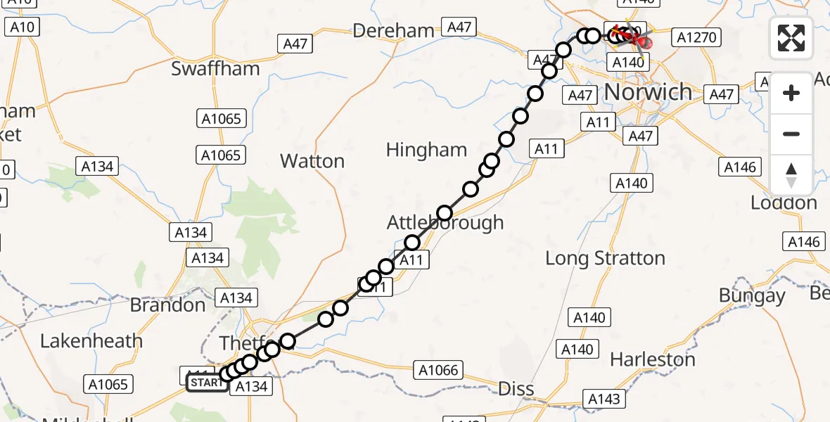 Flight route Air Ambulance Helicopter West Suffolk - Norwich Airport, 08 July 2026, 15:02