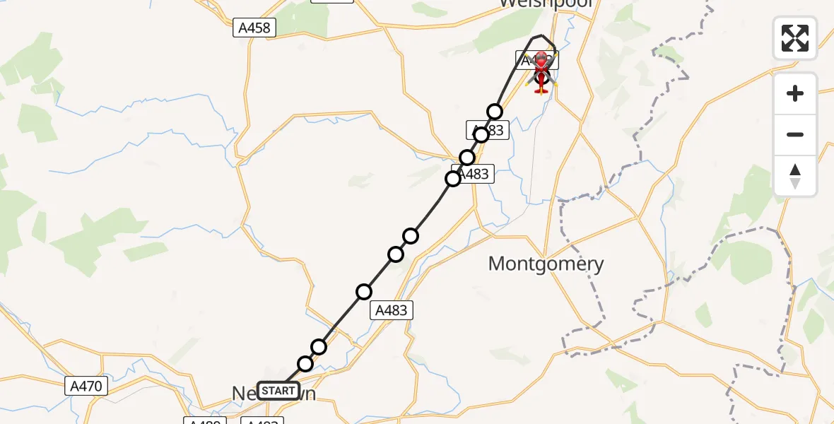 Flight route Air Ambulance Helicopter Newtown - Welshpool Airport, 08 July 2026, 15:05