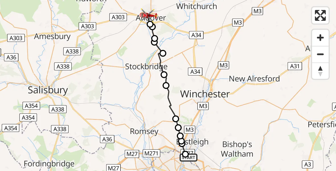 Flight route Air Ambulance Helicopter Southampton Airport - Andover, 08 July 2026, 15:09