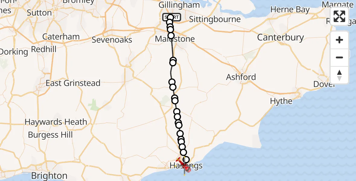 Flight route Air Ambulance Helicopter Rochester Airport - St Leonards, 08 July 2026, 15:10