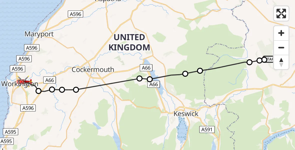 Flight route Air Ambulance Helicopter Greystoke - Workington, 08 July 2026, 15:10