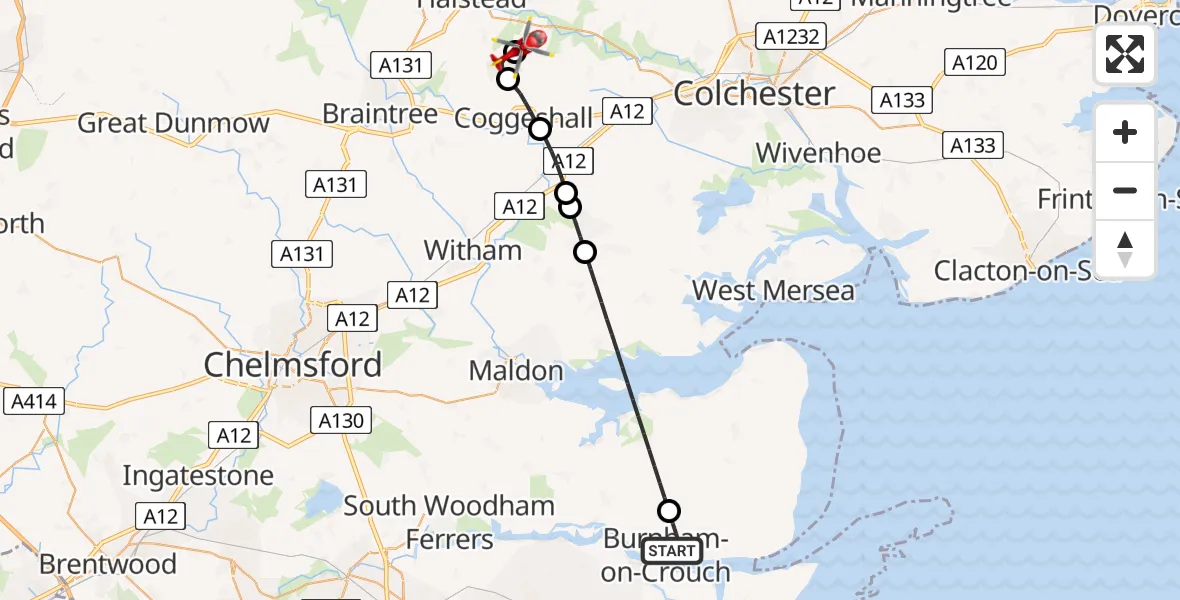Flight route Air Ambulance Helicopter Burnham-on-Crouch - Earls Colne Airfield, 08 July 2026, 15:11
