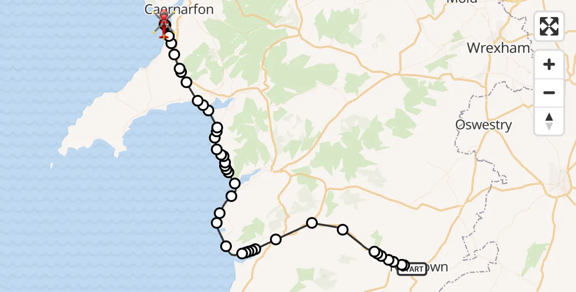 Flight route Air Ambulance Helicopter Milford - Caernarfon Airport, 08 July 2026, 15:12