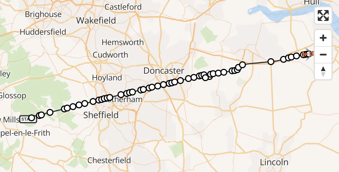 Flight route Coastguard Helicopter High Peak - Humberside Airport, 08 July 2026, 15:24
