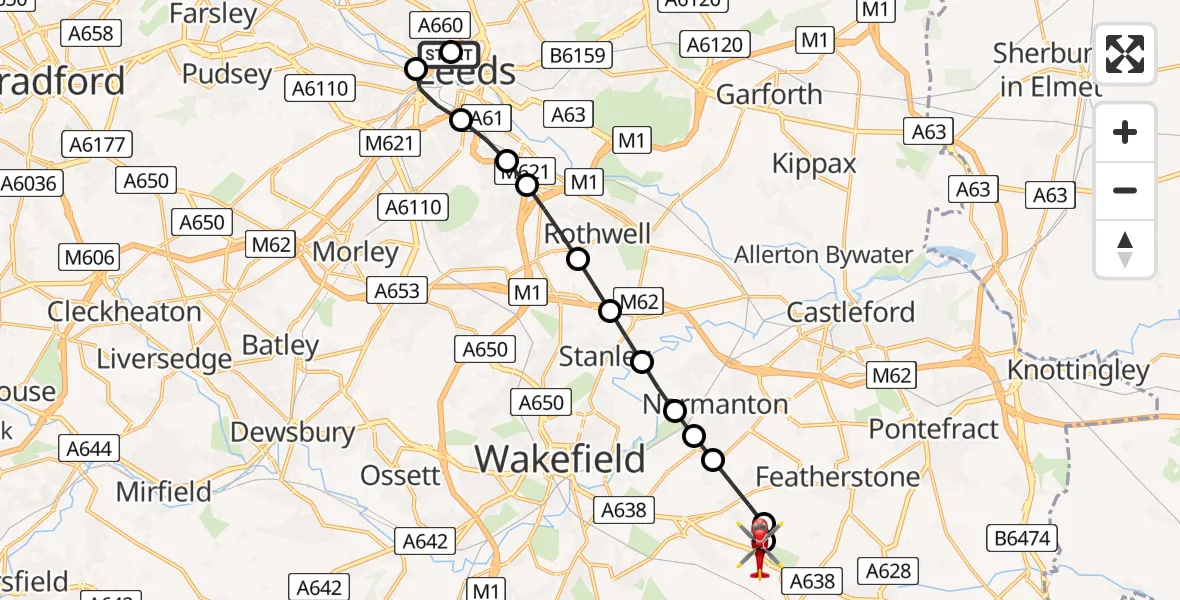 Flight route Air Ambulance Helicopter Woodhouse - YAA Nostell Helicopter Port, 08 July 2026, 15:29