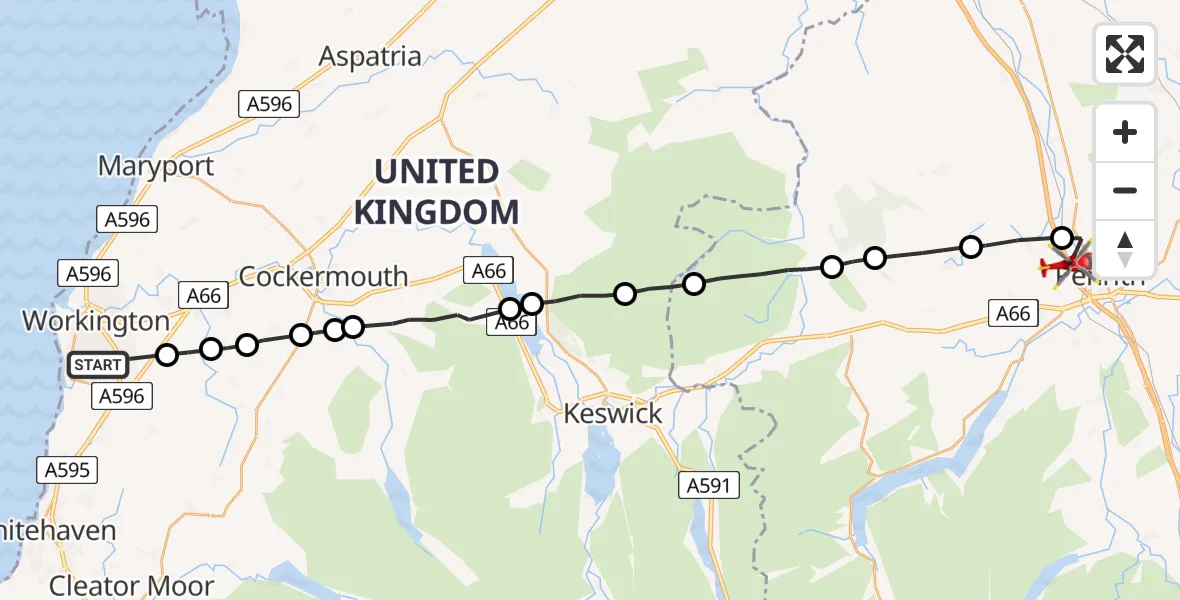 Flight route Air Ambulance Helicopter Workington - Penrith, 08 July 2026, 15:30