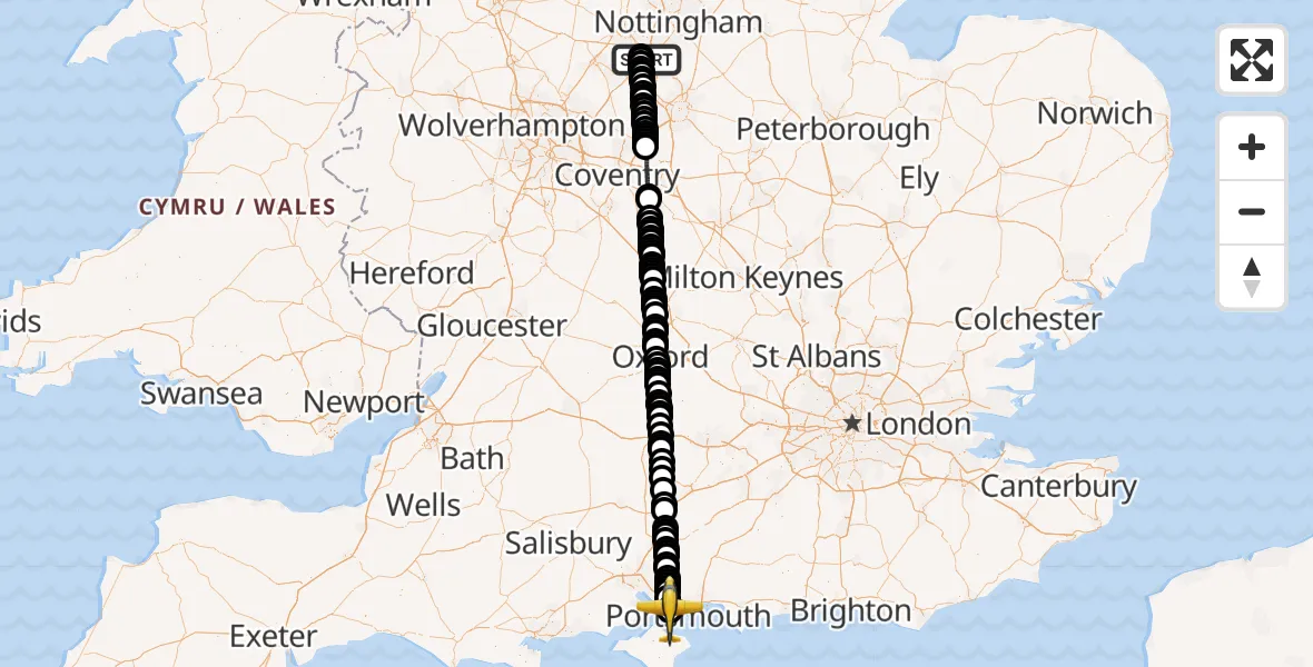 Flight route Police Aircraft East Midlands Airport - Solent Airport, 08 July 2026, 15:37