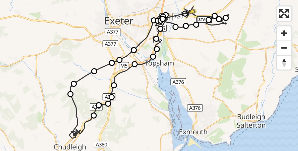 Flight route Police Helicopter Aylesbeare - Exeter International Airport, 08 July 2026, 15:39