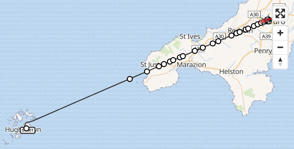 Flight route Air Ambulance Helicopter St. Mary's Airport - Treliske Hospital, 08 July 2026, 15:41