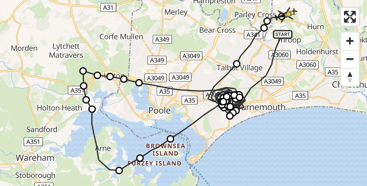 Flight route Police Helicopter Bournemouth - Bournemouth Airport, 08 July 2026, 15:52