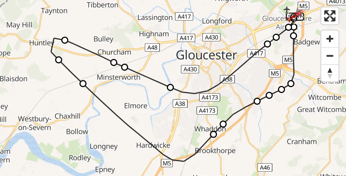 Flight route Air Ambulance Helicopter Gloucestershire Airport - Tewkesbury, 08 July 2026, 15:59