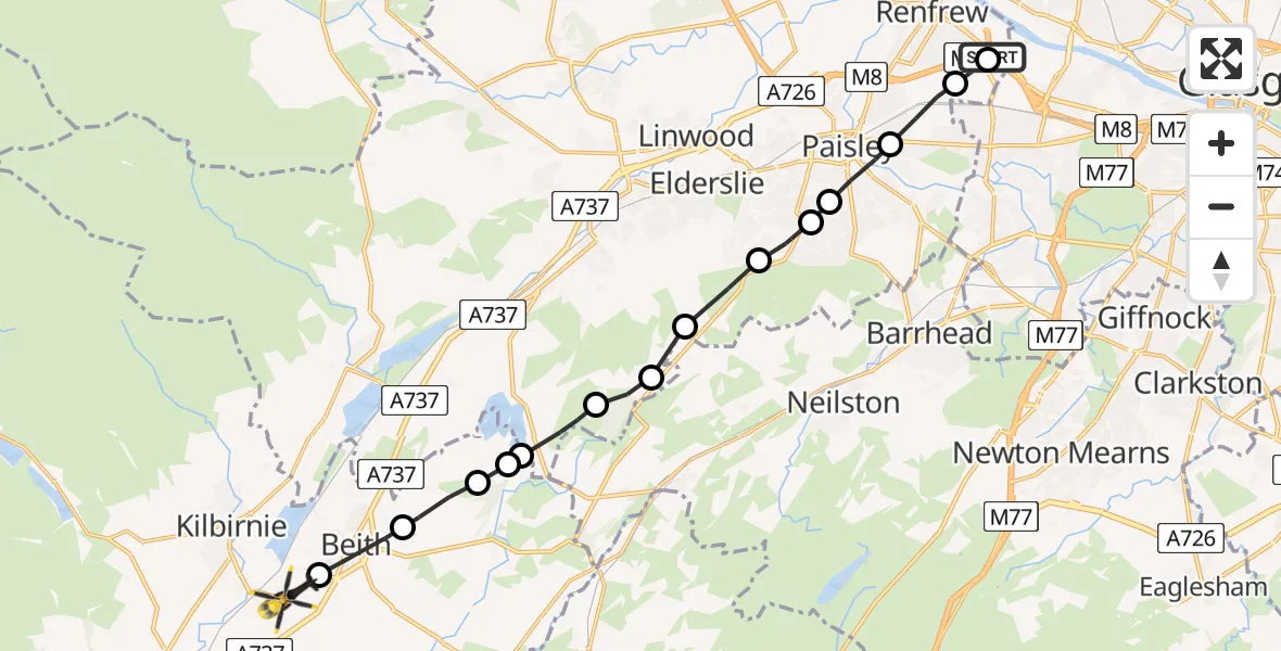Flight route Police Helicopter Renfrew - Kilbirnie, 08 July 2026, 15:59