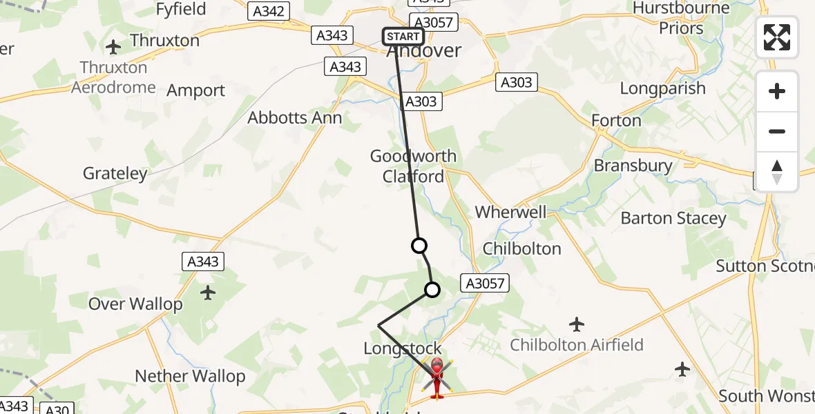 Flight route Air Ambulance Helicopter Andover - Stockbridge, 08 July 2026, 15:59
