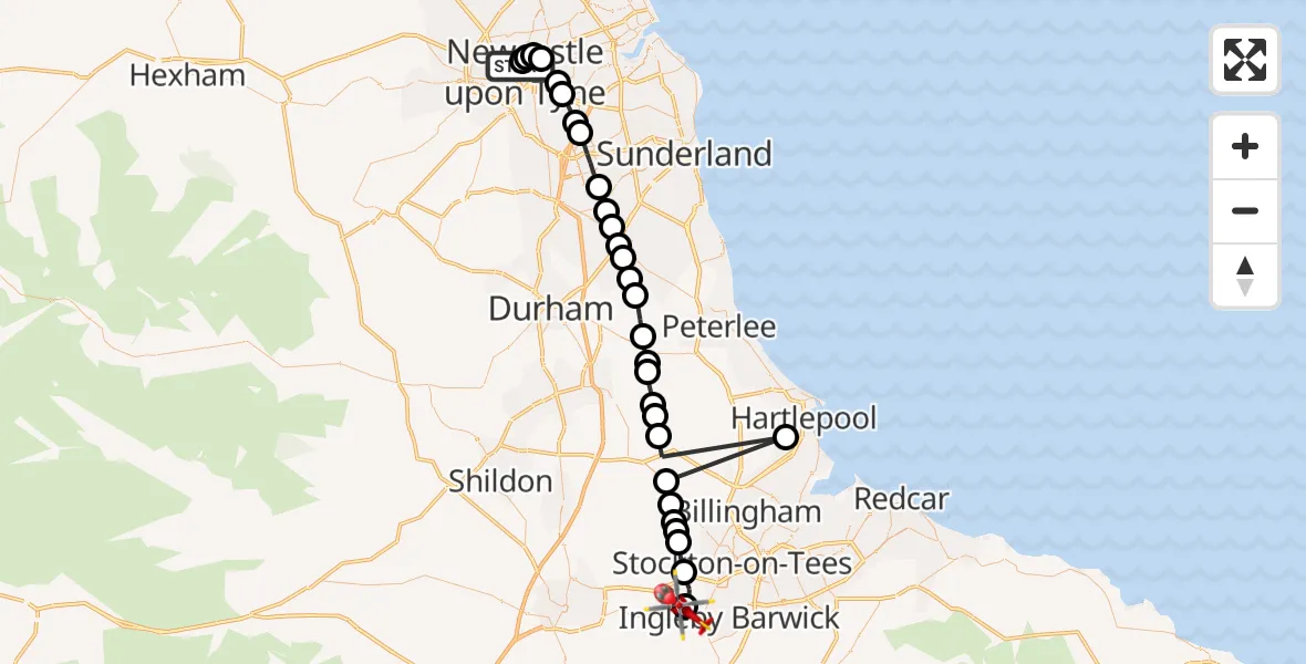Flight route Air Ambulance Helicopter Newcastle Royal Victoria Infirmary - Longnewton, 08 July 2026, 15:59