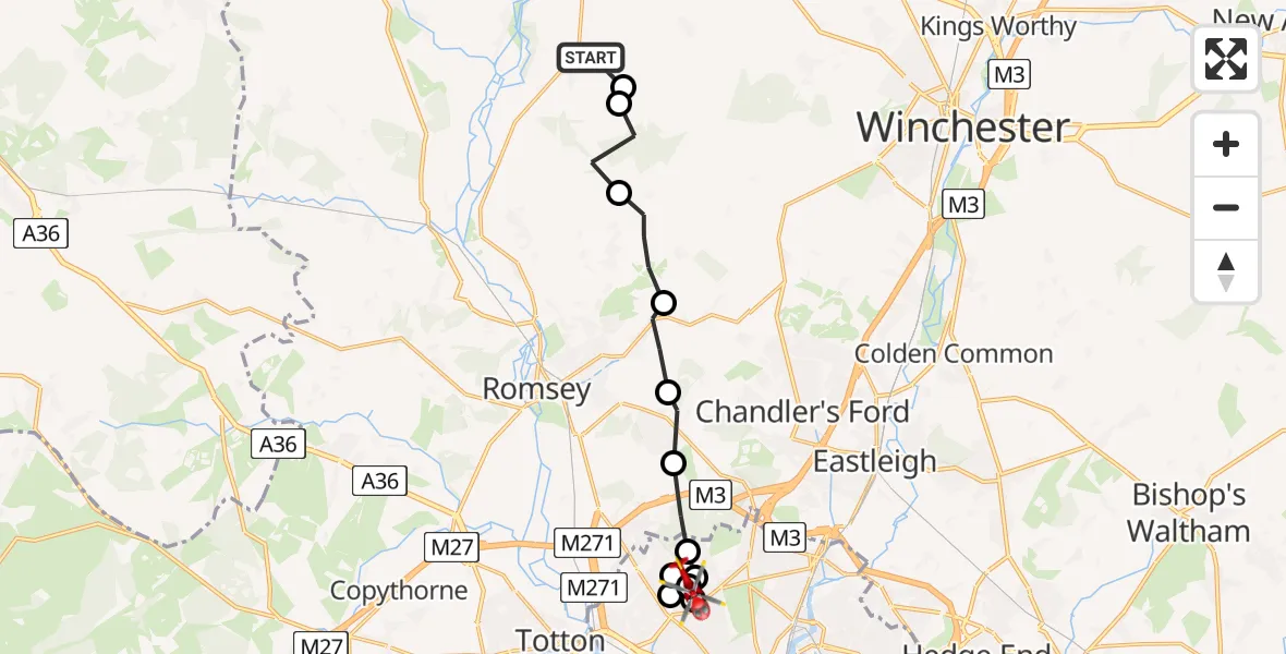 Flight route Air Ambulance Helicopter King's Somborne - University Hospital Southampton, 08 July 2026, 16:04
