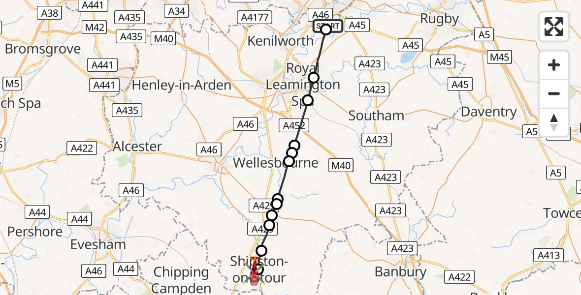 Flight route Air Ambulance Helicopter Coventry Airport - Shipston-on-Stour, 08 July 2026, 16:05