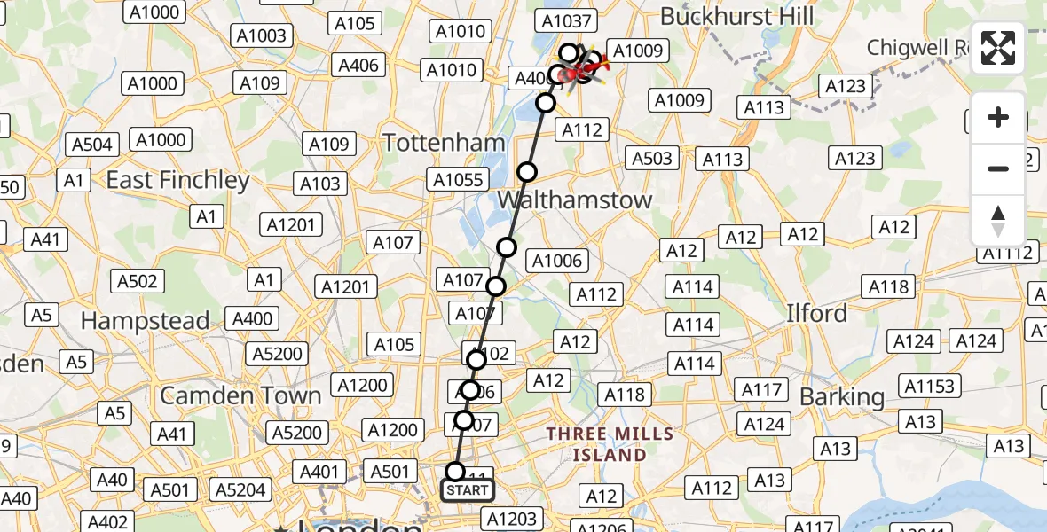 Flight route Air Ambulance Helicopter Royal London Hospital - Highams Park, 08 July 2026, 16:07
