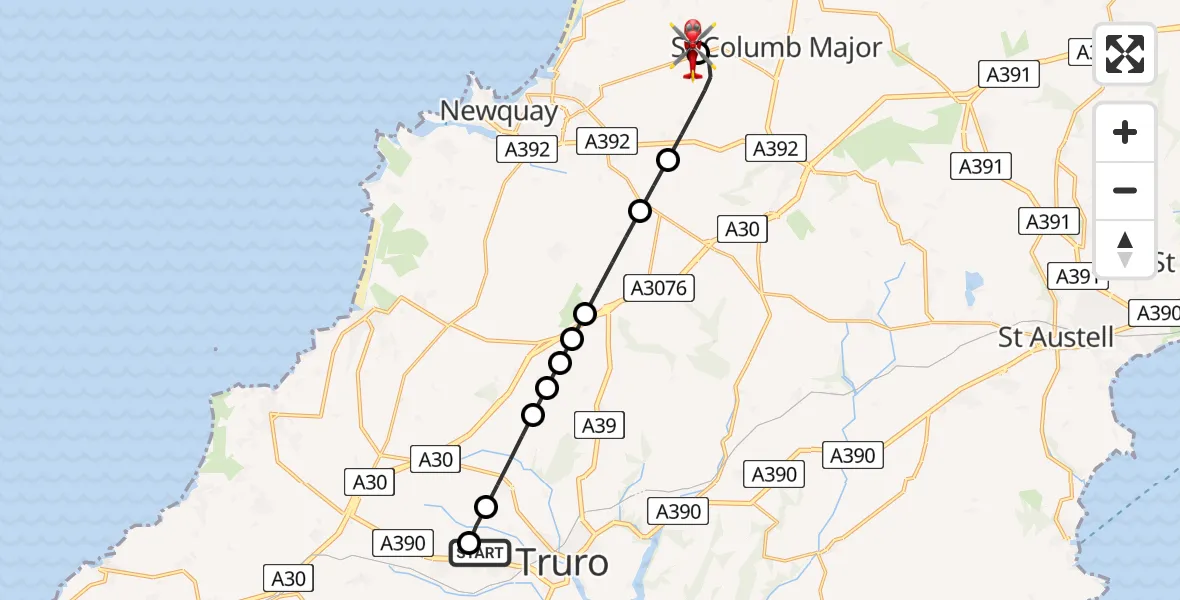 Flight route Air Ambulance Helicopter Treliske Hospital - Cornwall Airport Newquay, 08 July 2026, 16:20