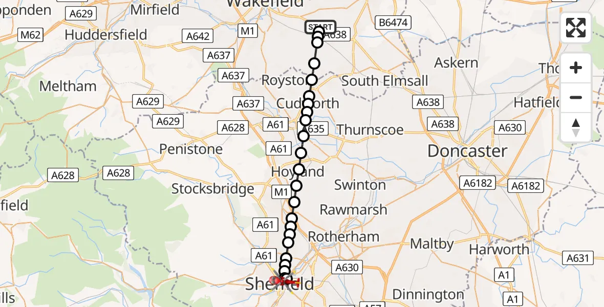 Flight route Air Ambulance Helicopter YAA Nostell Helicopter Port - Park Hill, 08 July 2026, 16:24