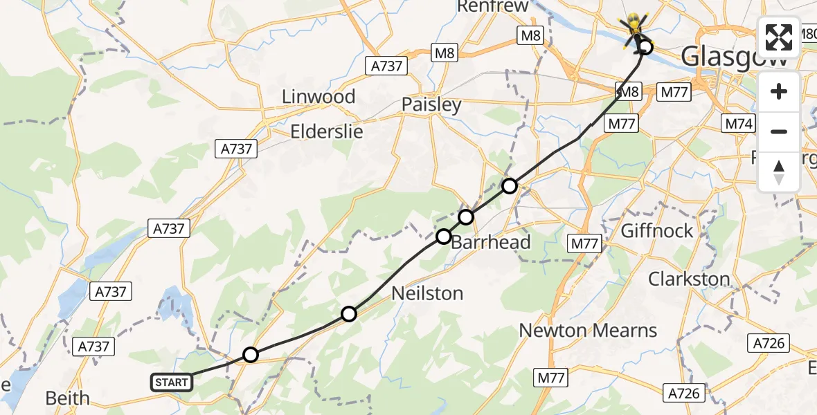 Flight route Police Helicopter North Ayrshire - Glasgow, 08 July 2026, 16:25