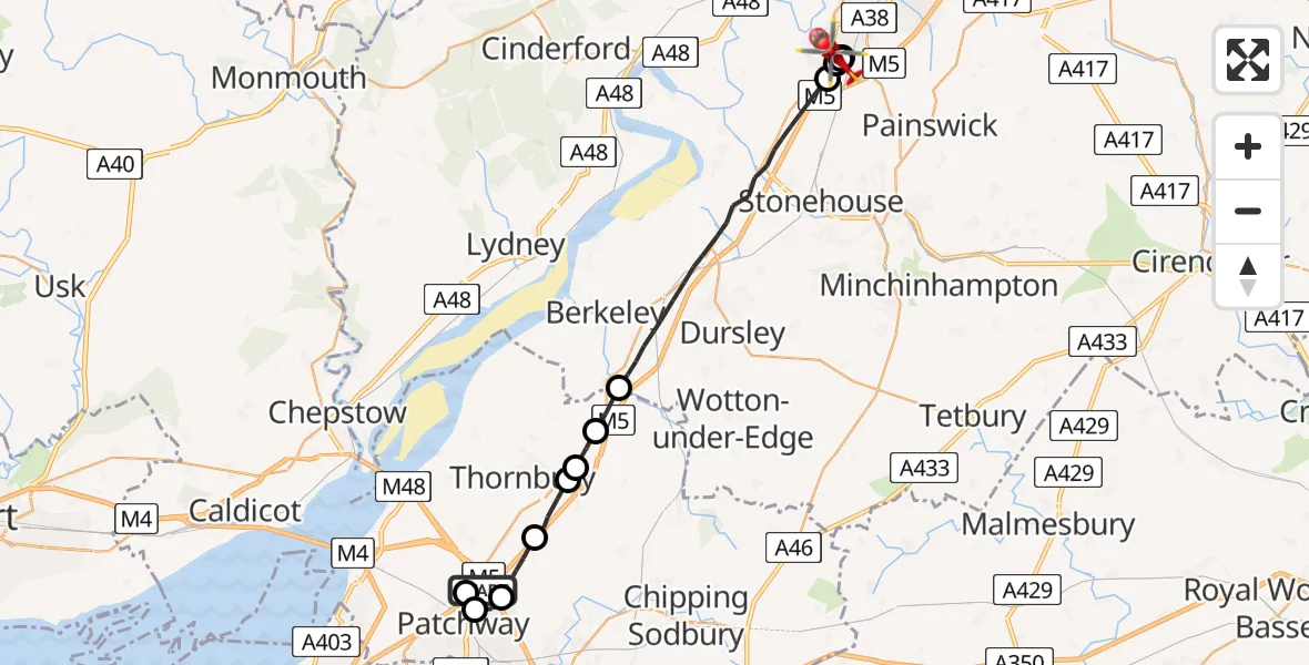 Flight route Air Ambulance Helicopter Almondsbury Helicopter Base - Gloucester, 08 July 2026, 16:39